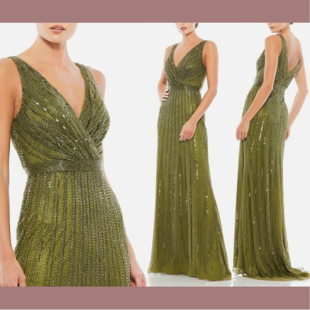 NWT $598 MAC DUGGAL [ 4 ] V Neck Beaded Sleeveless Gown In Olive‎ Green